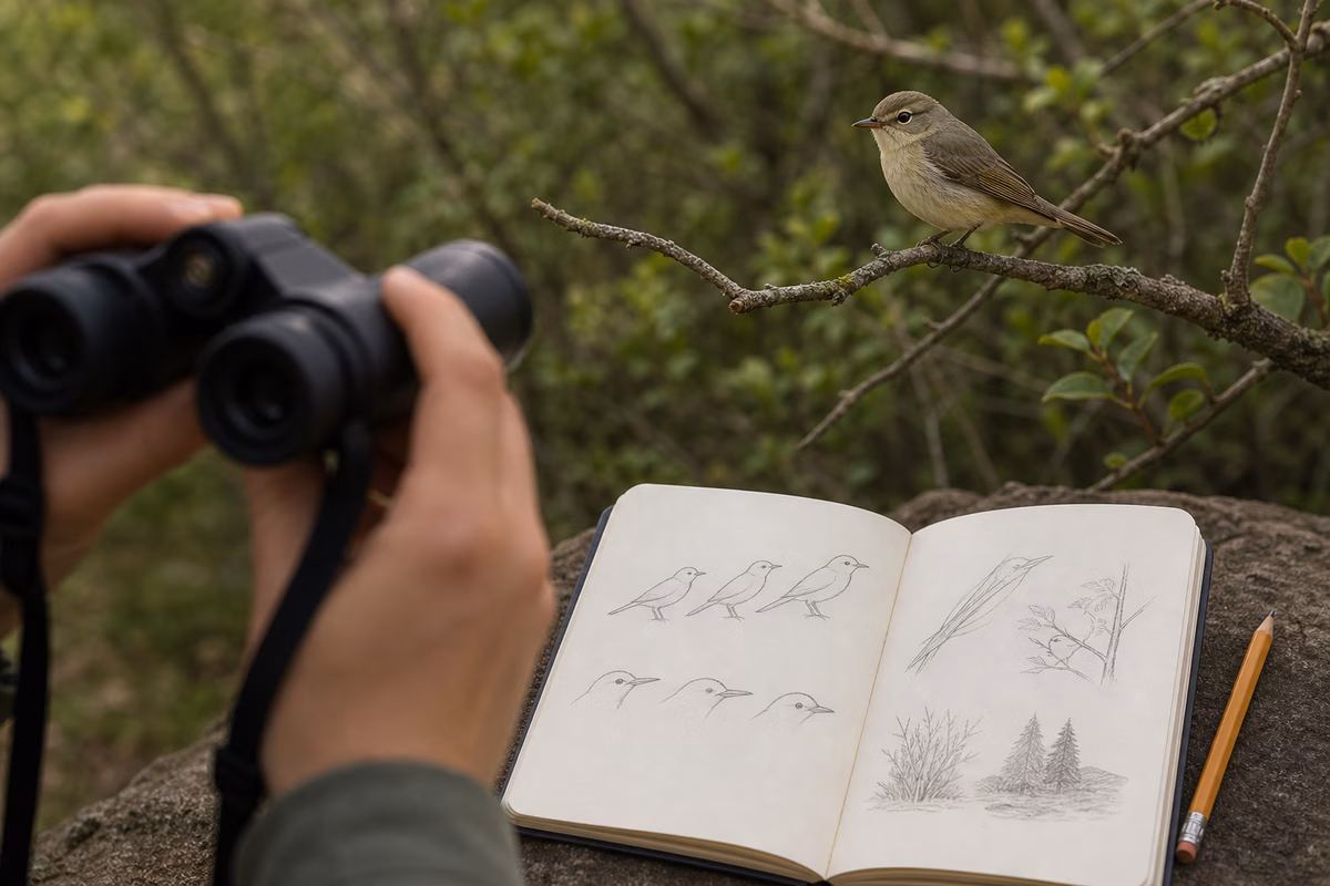 Binoculars focused on a small songbird with field notes showing shape, bill, tail, behavior, and habitat clues