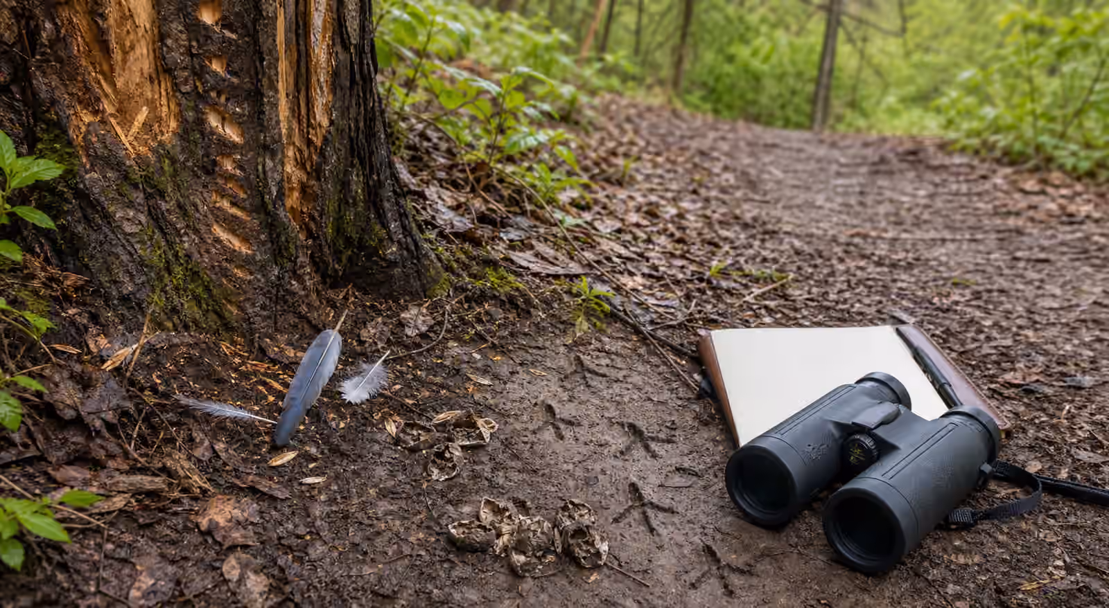Binoculars and a blank notebook near bird tracks, feathers, bark marks, and seed husks along a damp woodland path.