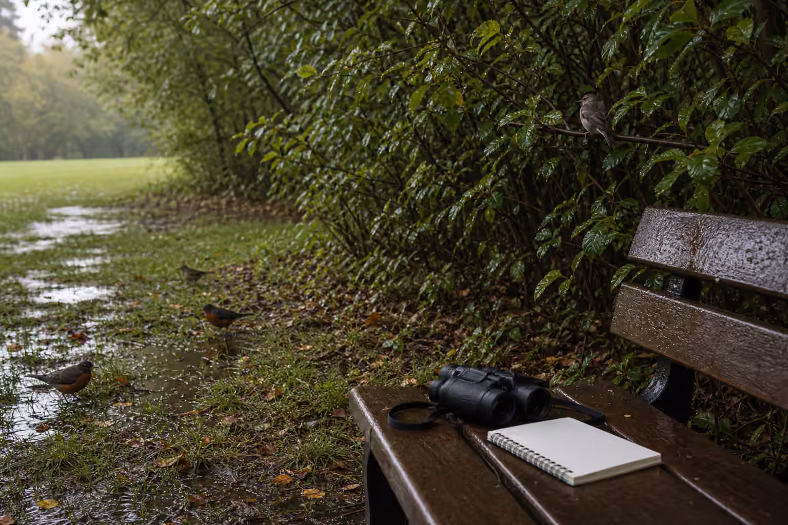 Binoculars and a notebook on a wet bench beside puddles and sheltered shrubs after rain.