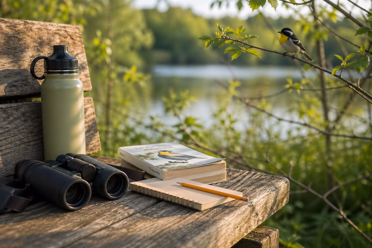 A quiet birding field kit on a wooden bench: binoculars, small notebook, pencil, regional field guide, water bottle, and a warbler perched on a nearby branch in soft morning light, realistic nature photography, no readable text