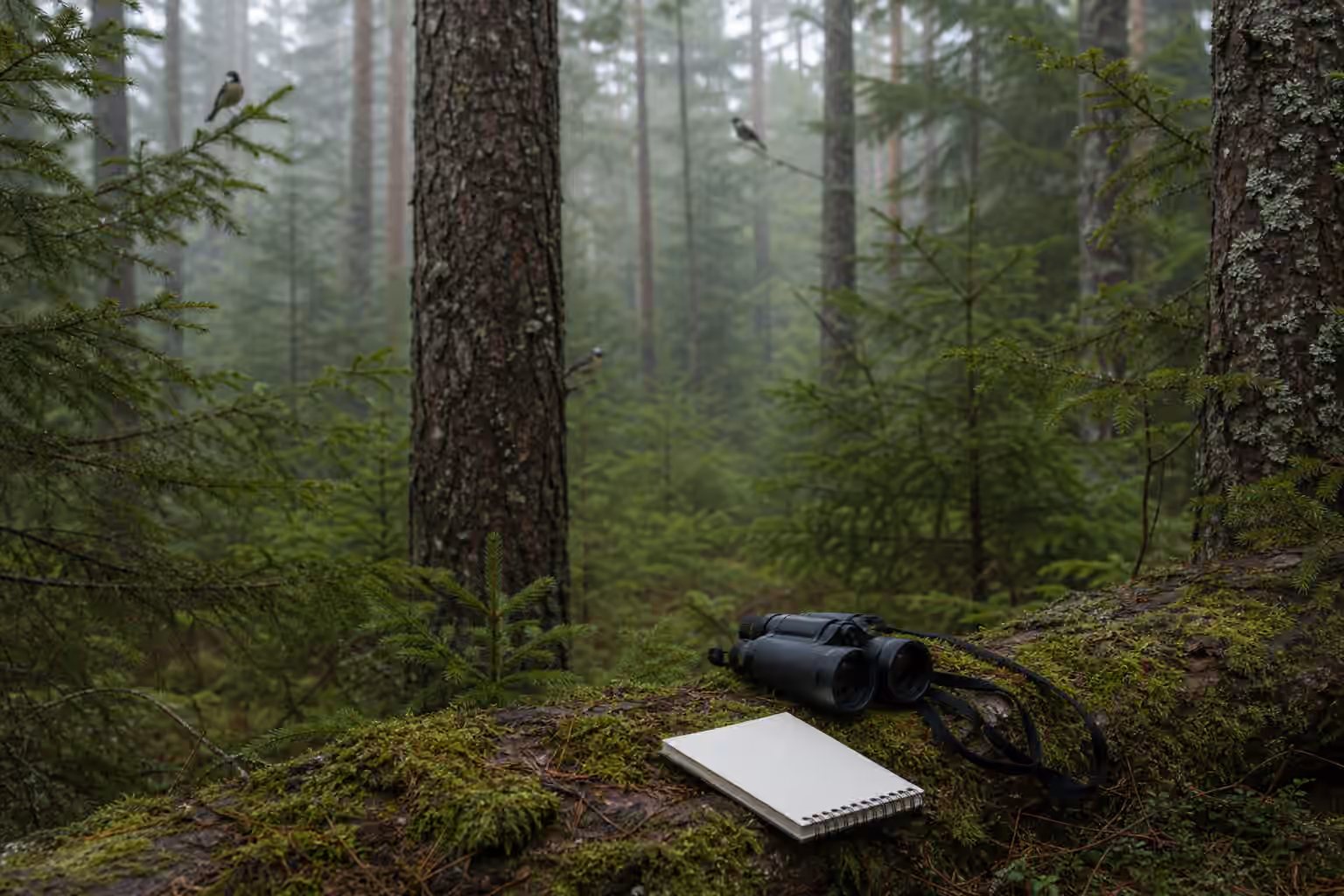 Binoculars and a blank notebook on moss in a quiet conifer forest.