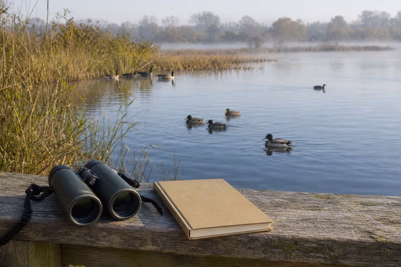 A quiet pond birding scene with binoculars and a blank notebook in the foreground while ducks and geese rest on distant water.