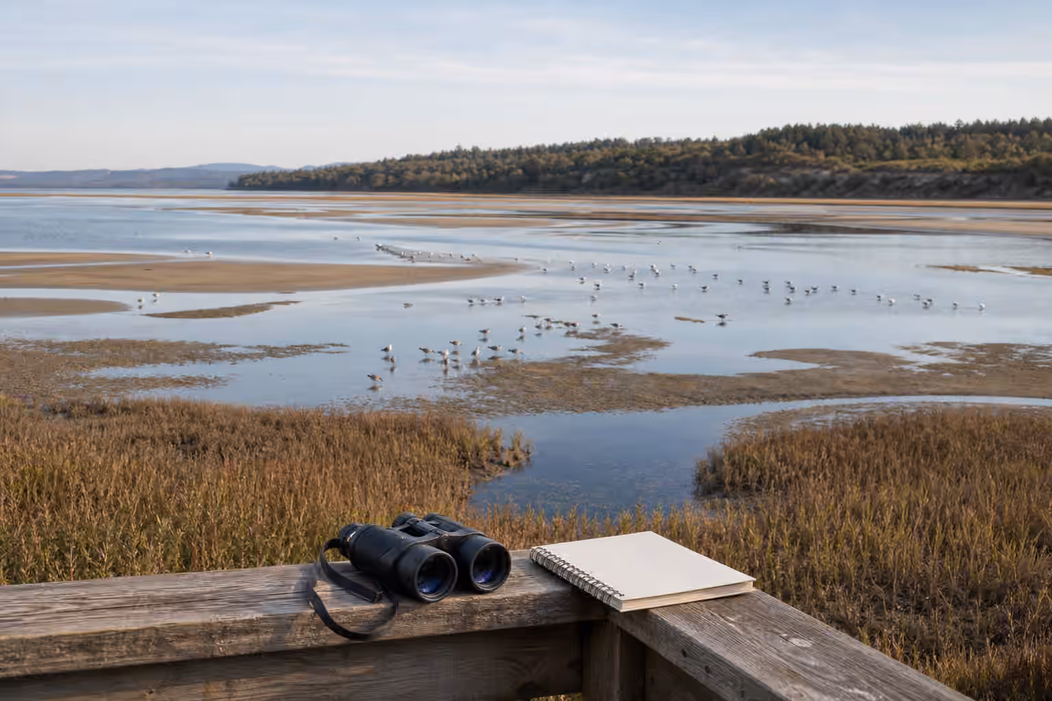 Binoculars and a notebook at an estuary overlook with mud channels and distant birds.