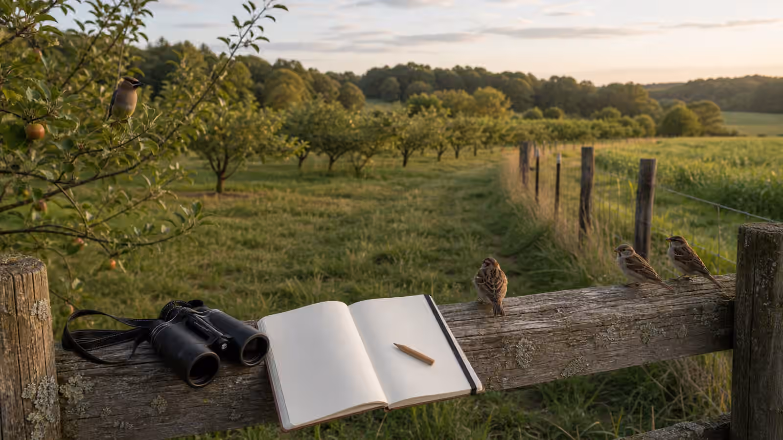 Binoculars and a blank notebook on a fence rail beside orchard rows, field margins, and small perched birds.