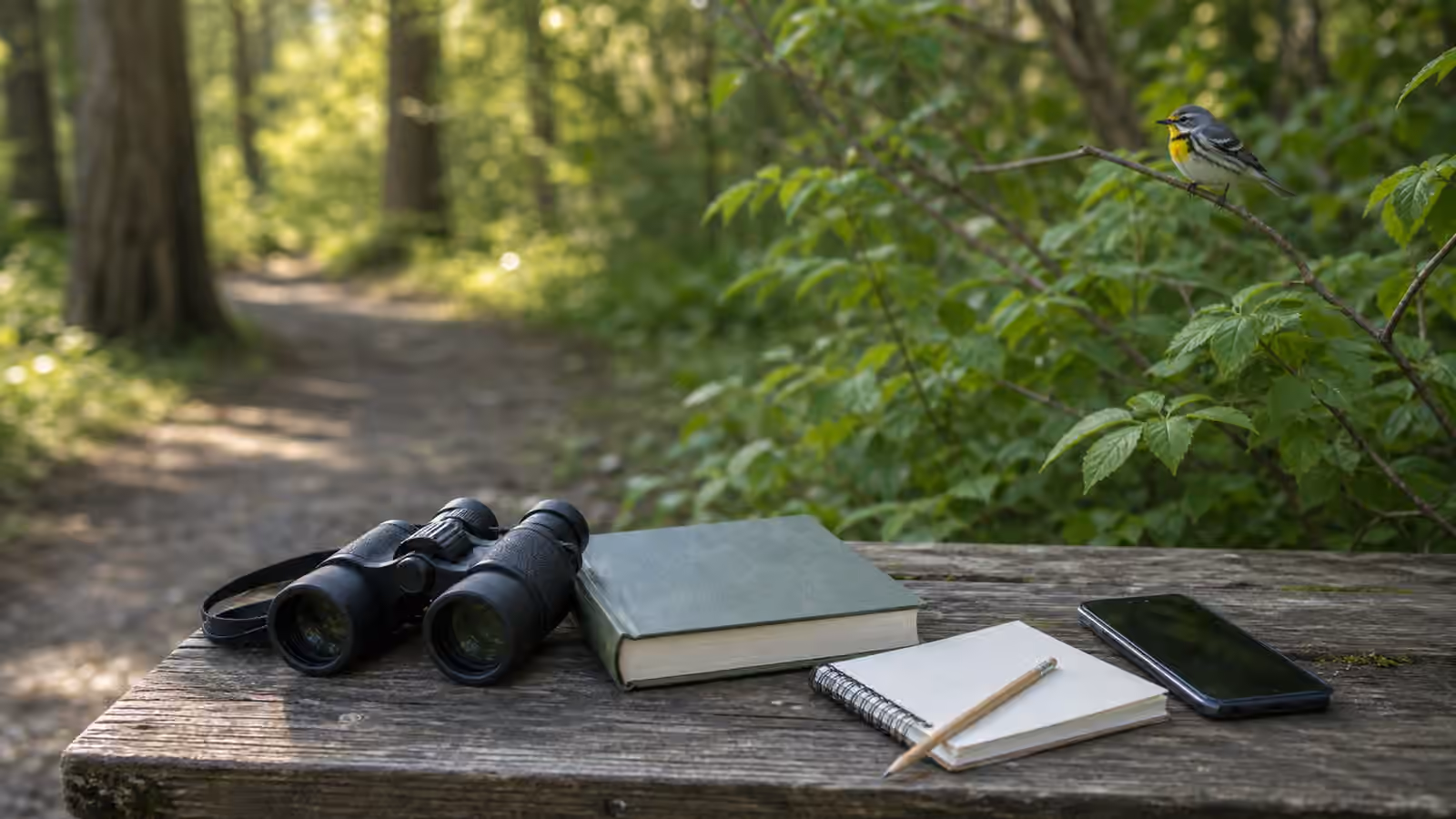 Binoculars, a closed field guide, blank notebook, pencil, and dark phone on a wooden bench beside a quiet birding trail.