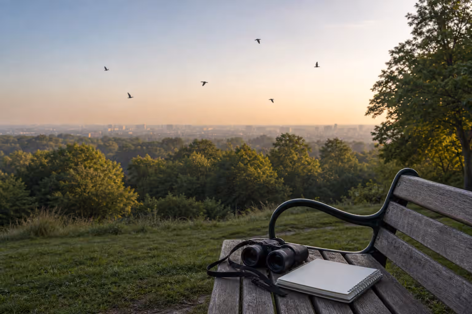 Binoculars and a blank notebook on a park bench while distant birds cross the morning sky.