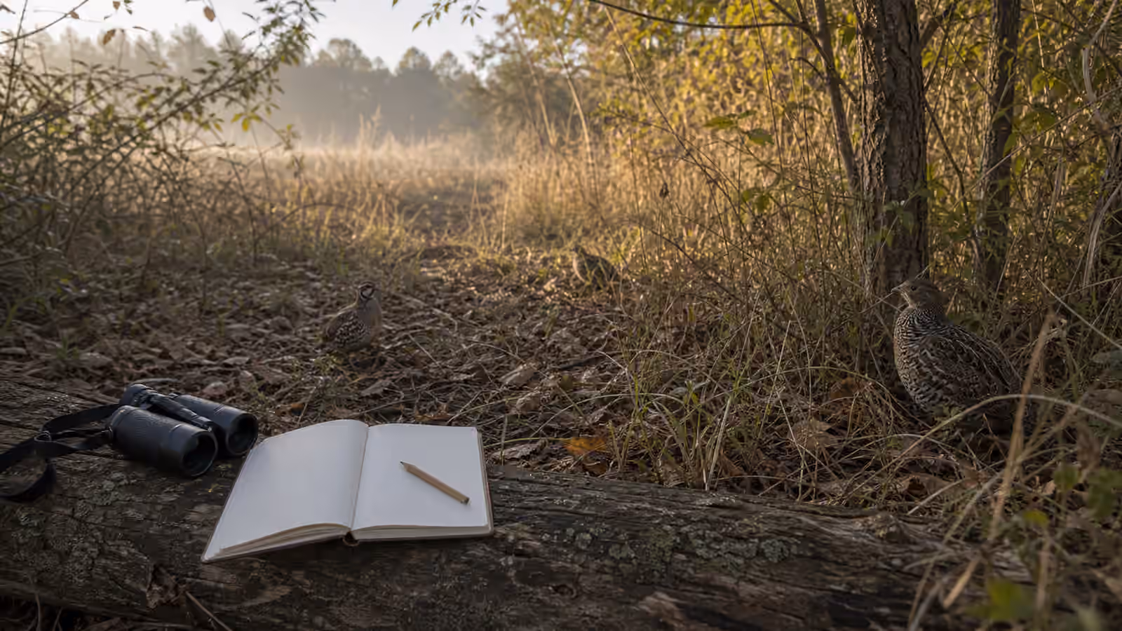 Binoculars and a blank notebook on a fallen log near camouflaged ground birds in grass and leaf litter.