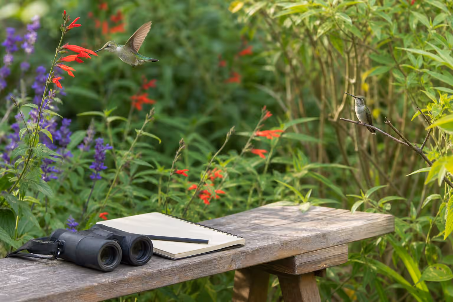 Two hummingbirds using flowers and a thin perch in a quiet garden with binoculars and a blank notebook on a bench.
