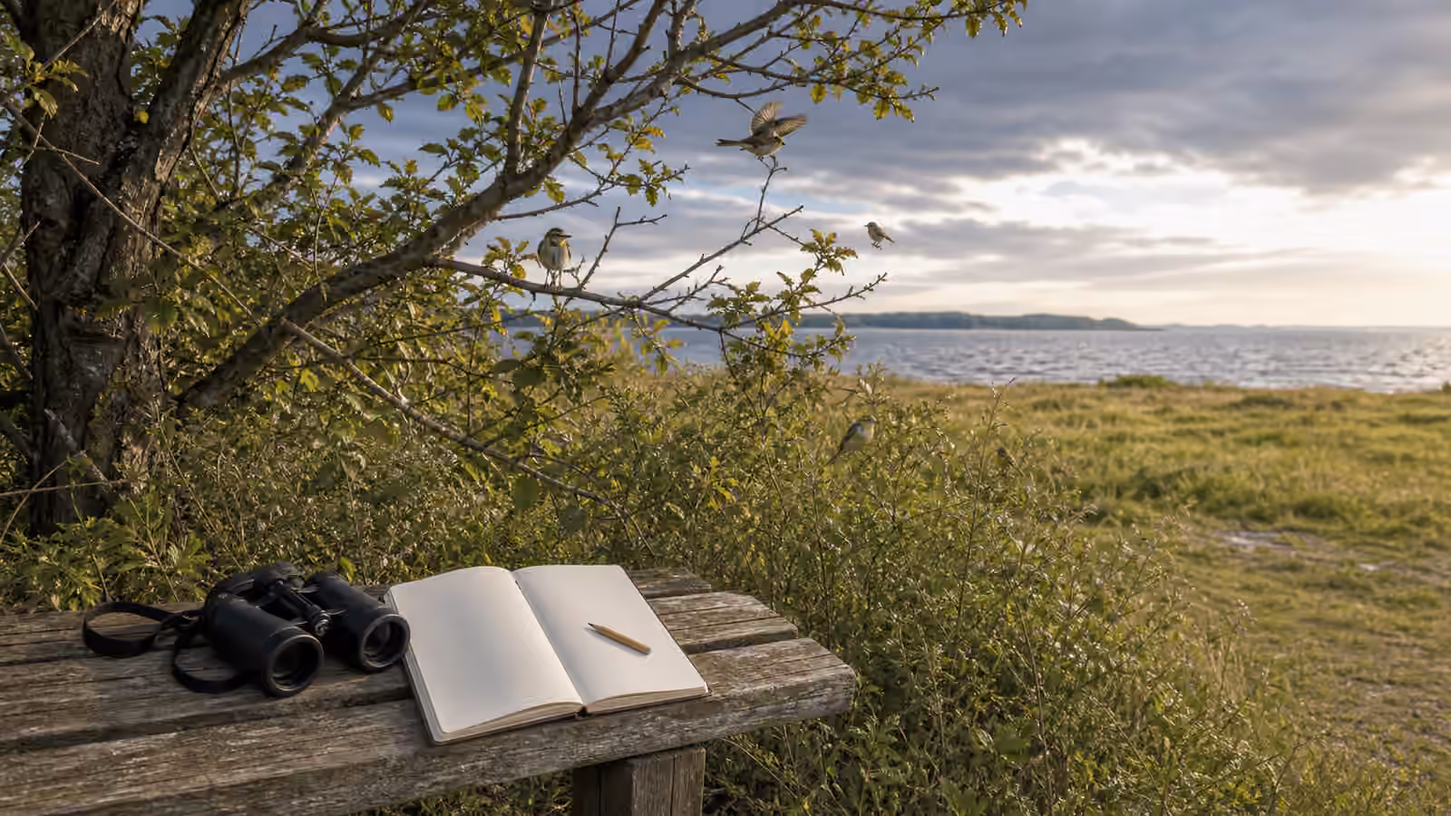 Binoculars and a blank notebook on a bench beside a small tree patch near open water with songbirds in the branches.