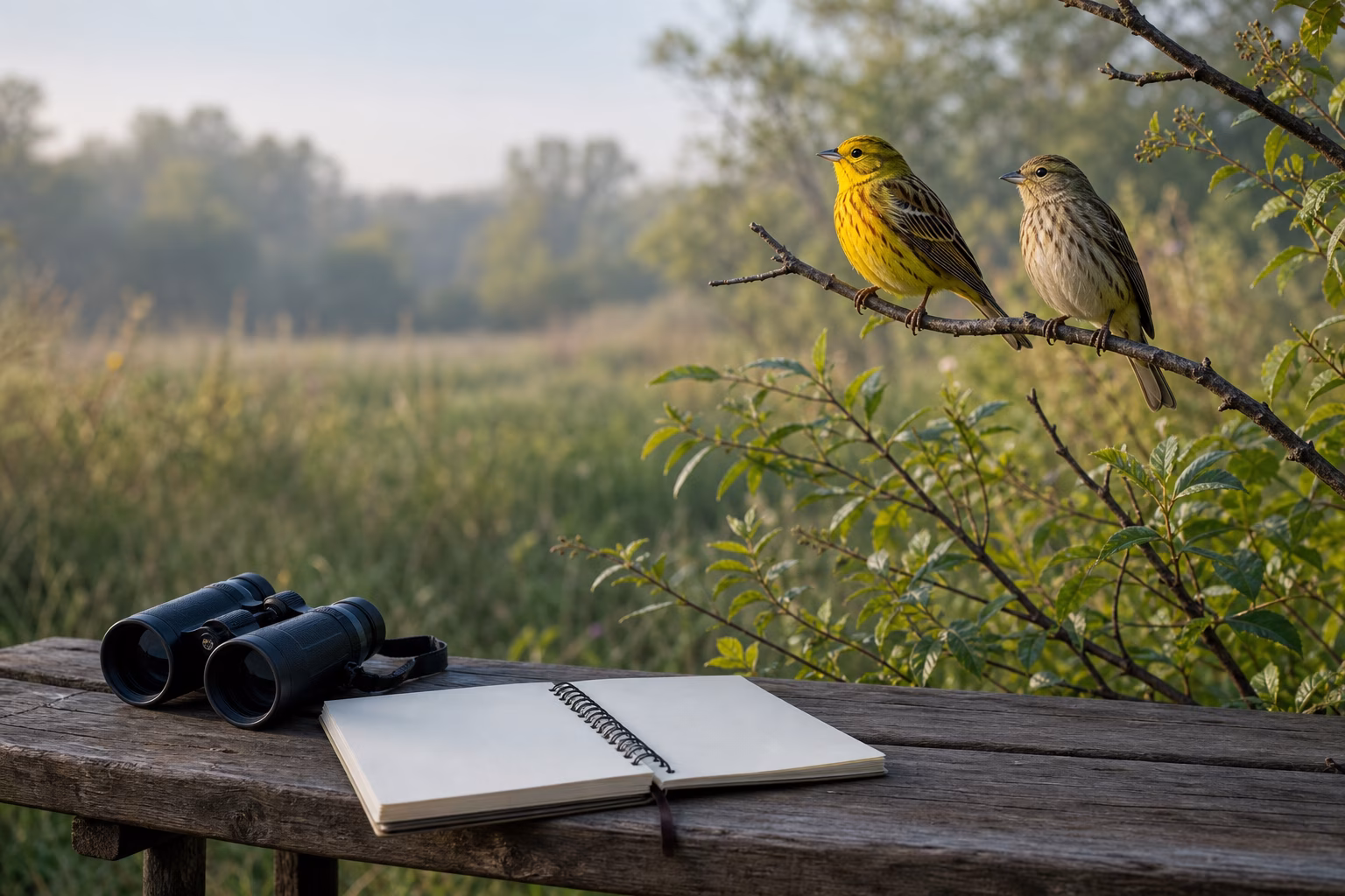 Two small songbirds in different seasonal plumages perched above binoculars and a blank field notebook.