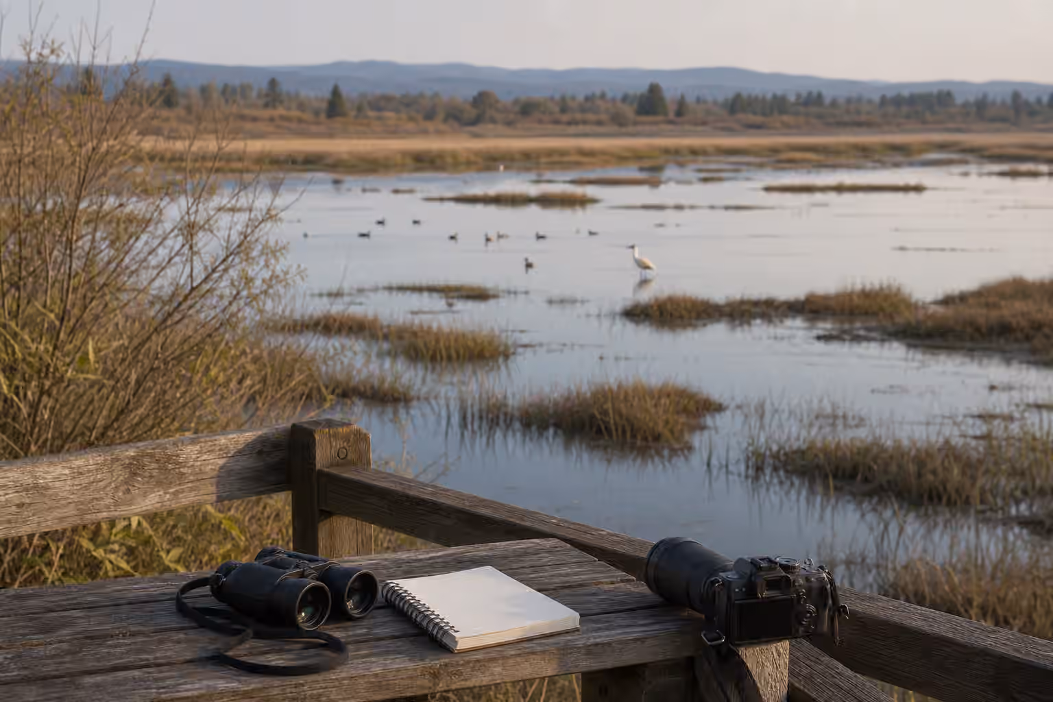 Binoculars, a notebook, and distant birds at a quiet wetland overlook.