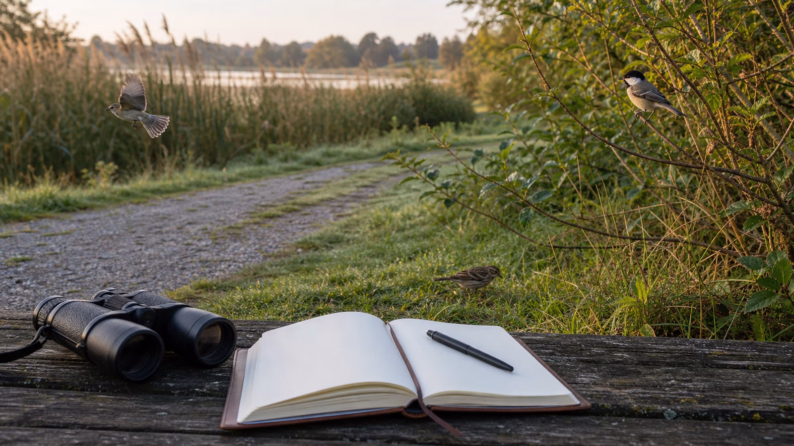 A field notebook and binoculars near a park edge where small birds feed, perch, and take flight in soft morning light.