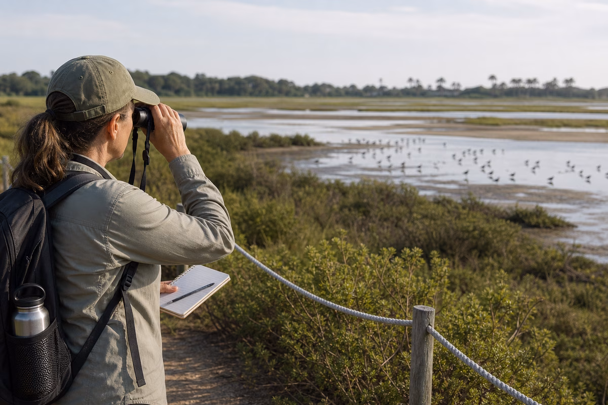 A birder watching shorebirds from behind a preserve boundary while keeping distance and taking field notes