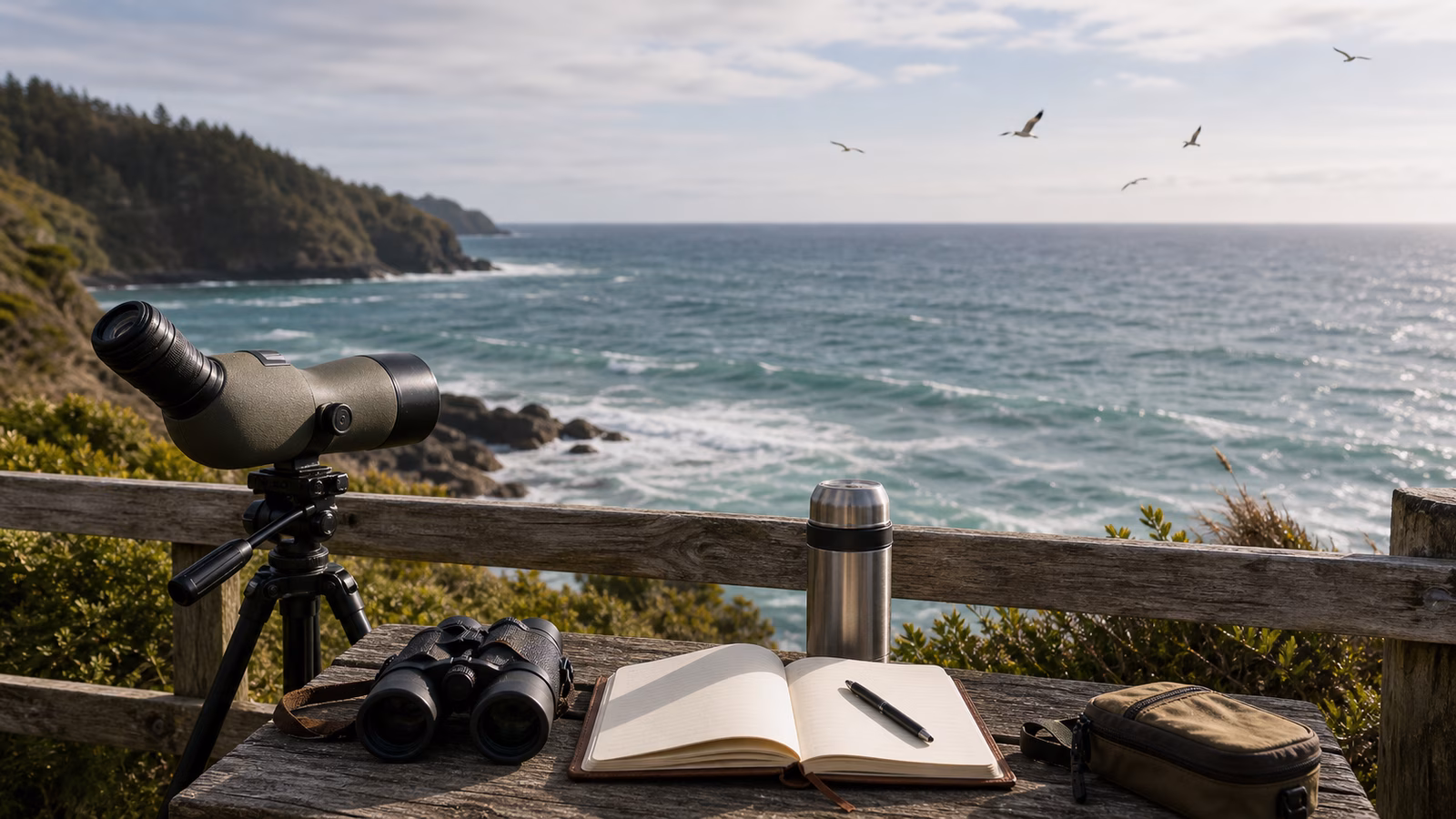 A coastal overlook with a spotting scope, binoculars, notebook, thermos, and distant seabirds over open water.