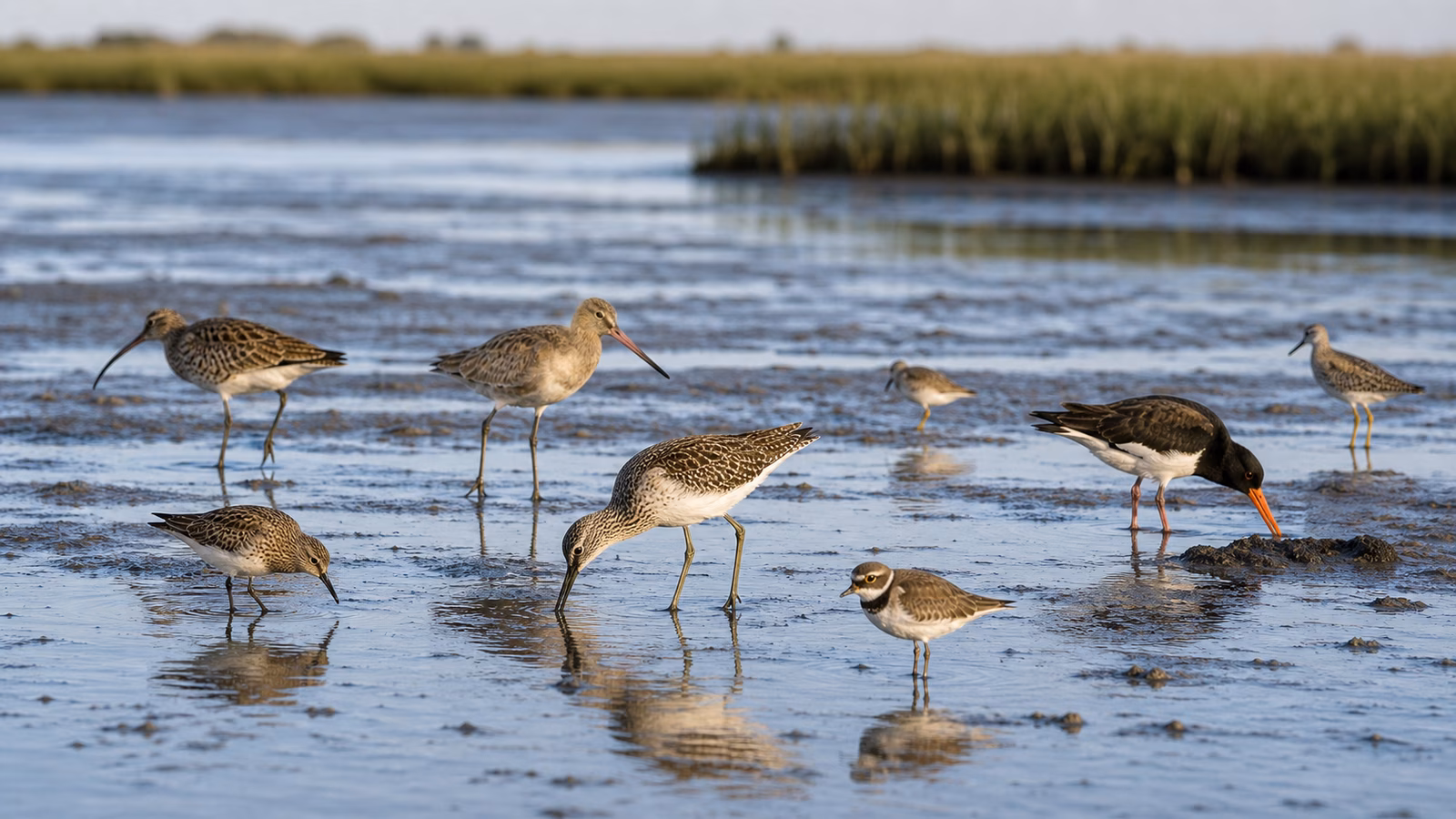 Several shorebirds feeding across a quiet tidal flat at low tide with marsh grass and shallow reflective water.