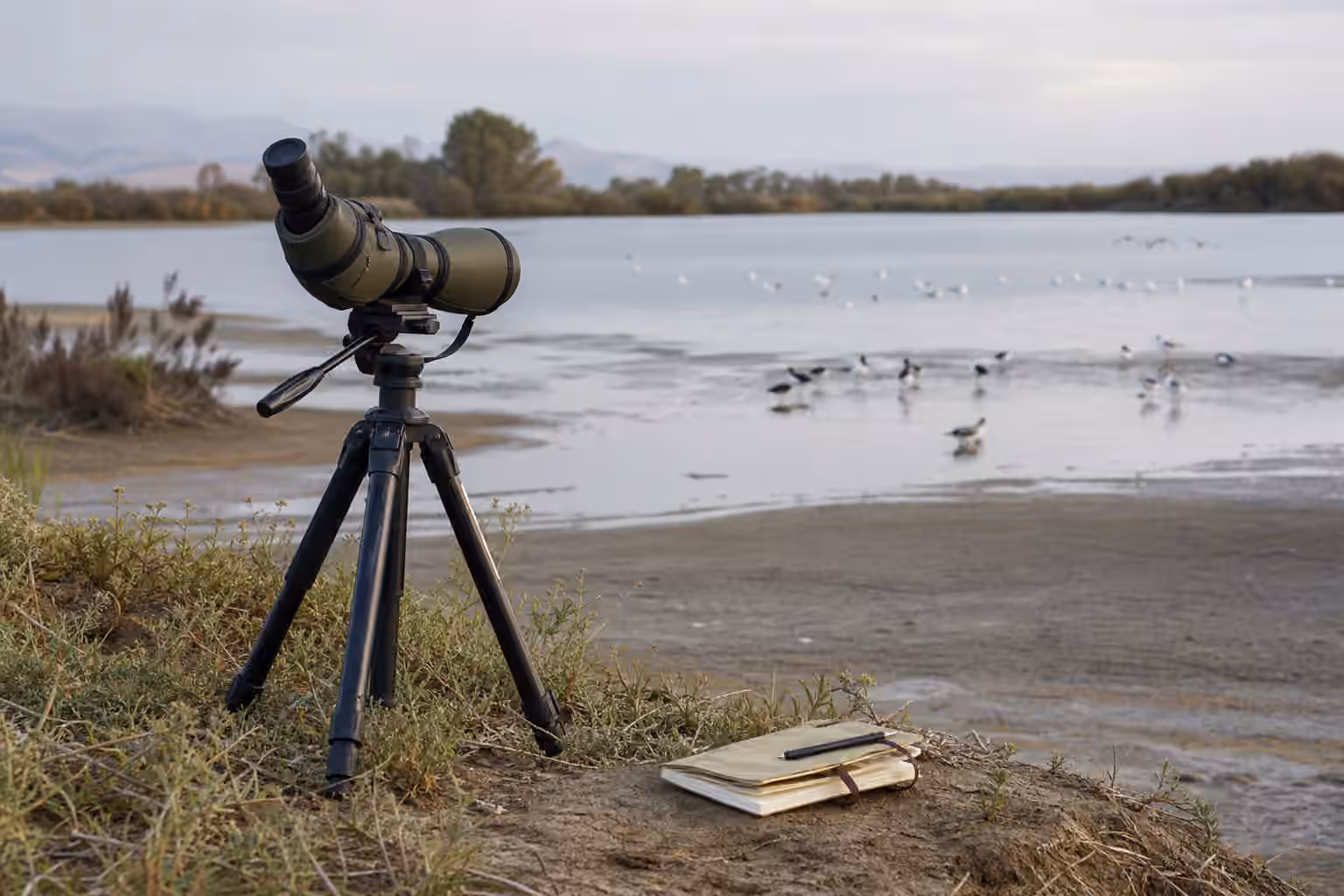 A spotting scope on a tripod set back from a quiet mudflat with distant waterbirds and a blank notebook nearby.