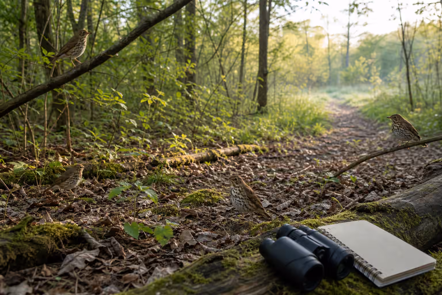 Thrush-like birds spaced along a quiet woodland floor with binoculars and a blank notebook on a mossy log.