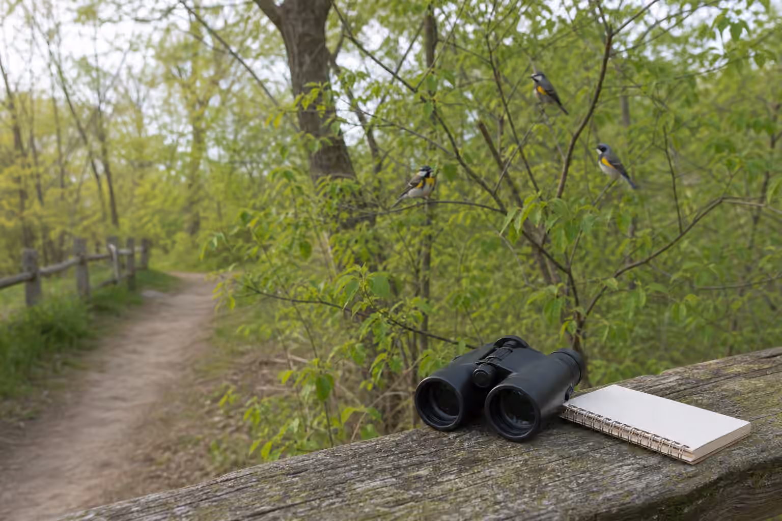 A quiet woodland edge with binoculars and a blank notebook while small warblers perch among fresh green leaves.
