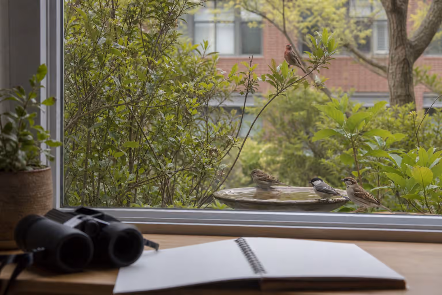 Binoculars and a blank notebook on an indoor windowsill looking out toward shrubs, a birdbath, and small birds in a courtyard.