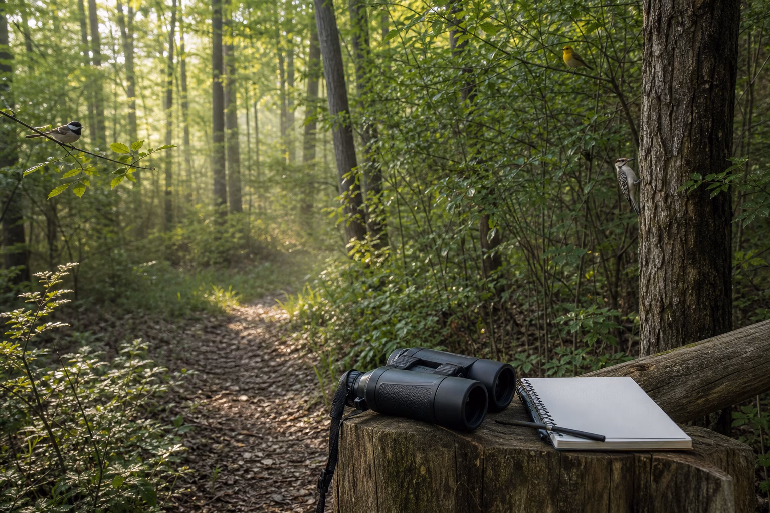 A quiet woodland trail with binoculars, a blank notebook, and small birds using different forest layers.